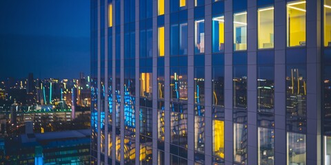 Obraz premium A close-up of brightly glowing office windows against the backdrop of the dark night sky, reflecting the neon blue and yellow lights of the surrounding city. 
