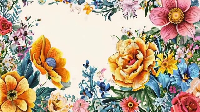 A vibrant floral border featuring various colorful flowers and greenery.