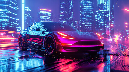 A futuristic car illuminated by neon lights reflects in a rain-soaked cityscape, capturing a vibrant cyberpunk aesthetic.