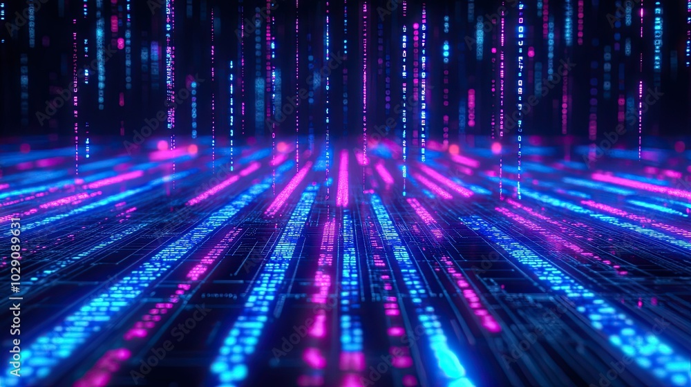 Aufkleber abstract digital background with blue and pink lines of code falling from the top of the screen.