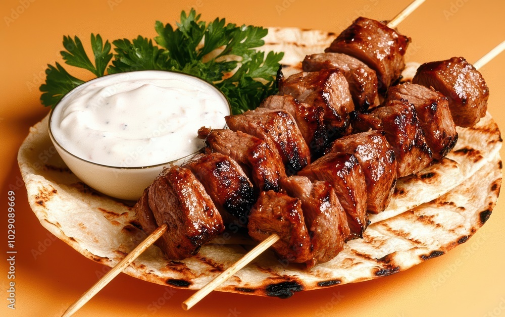 Wall mural delicious grilled meat skewers with sauce and garnish on a plate.