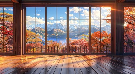 A large window in a wooden house provides a view of snow-capped mountains in the distance, framed by trees with colorful autumn leaves.