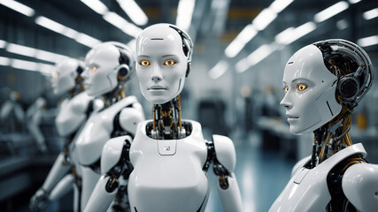 Fototapeta premium Robots assembling on a factory line in a modern, industrial setting with blue lighting ambiance.