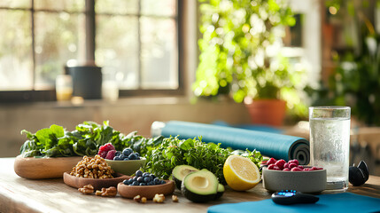 Vibrant table of healthy low-sugar foods with leafy greens avocados nuts berries and glass of water with lemon

