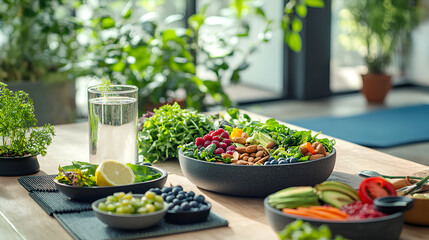 Vibrant table of healthy low-sugar foods with leafy greens avocados nuts berries and glass of water with lemon
