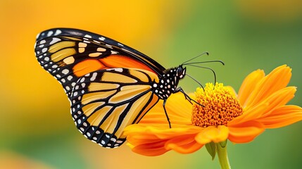 Obraz premium A monarch butterfly with black, orange, and white wings pollinating a bright orange flower with yellow center.