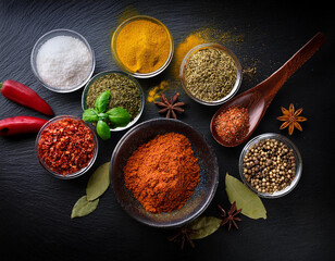 Composition with assortment of spices and herbs.