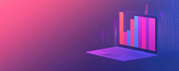 Obraz premium Visualizing data analytics on laptop screen with colorful bar graphs, showcasing modern technology and data insights in vibrant digital environment