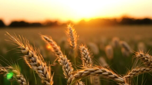 Ripe wheat fields natural landscape at sunset. farm harvest season, zoom in. 4K 