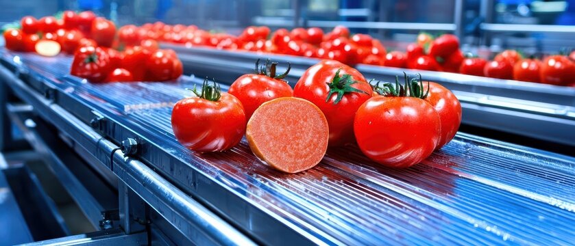 Fresh red tomatoes on a conveyor belt in a food processing facility