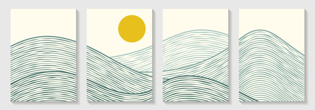 Landscape Japanese poster background wave and mountain vector design illustration with grunge line art style