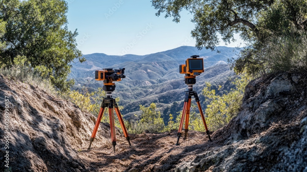Poster advanced surveying hardware set up for precise land planning, capturing accurate mapping data in a p