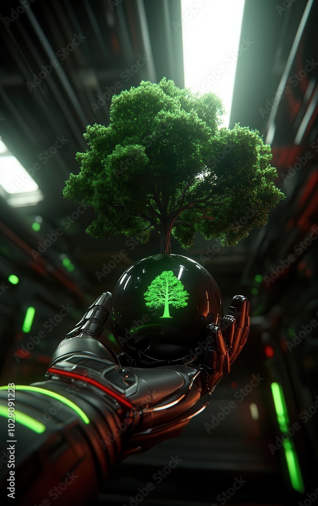 Poster dynamic shot of a robot hand holding a sphere with a tree emblem, surrounded by glowing circuitry so