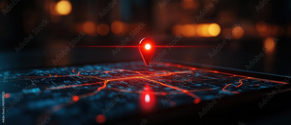 Poster digital navigation concept with a glowing red gps pin and route path on a tablet screen clean and mo
