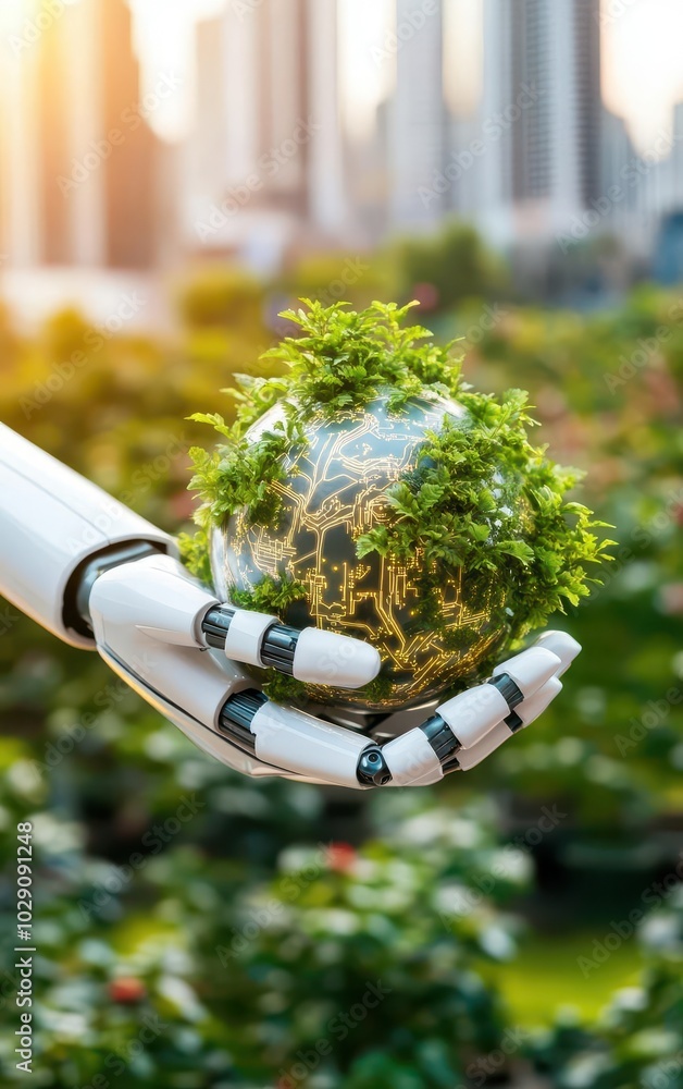 Poster dynamic shot of a robot hand holding a sphere with a tree emblem, surrounded by glowing circuitry so