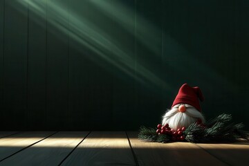 Fototapeta premium Festive Scandinavian gnome with a winter berry and pine decoration