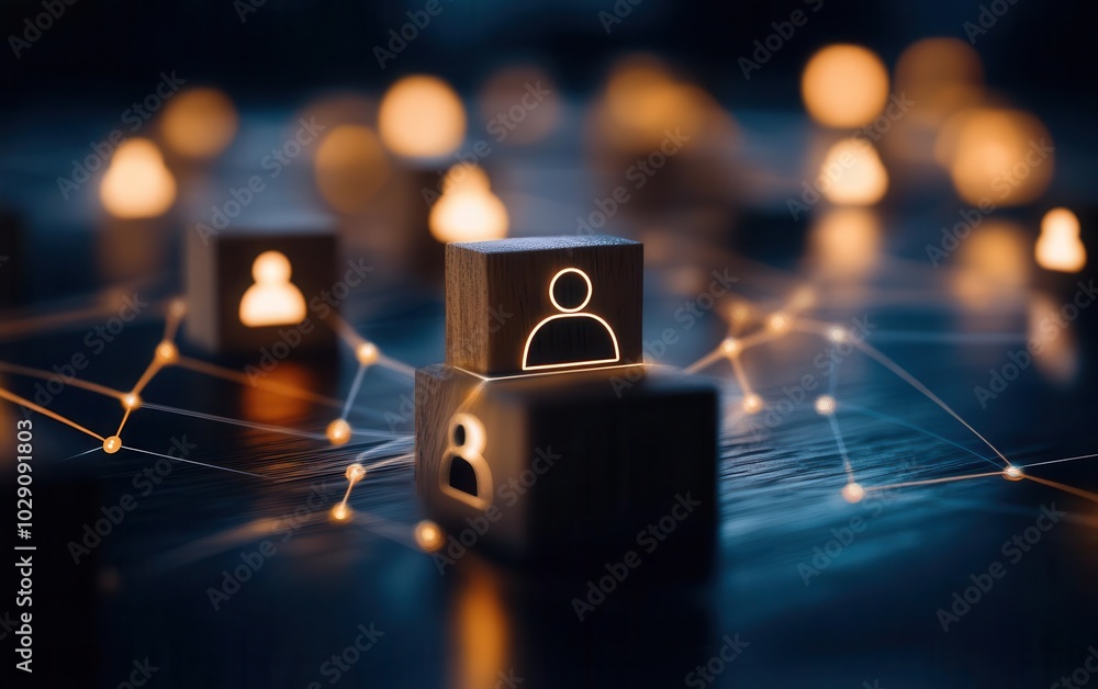 Poster sideangle view of a wooden block with a customer icon