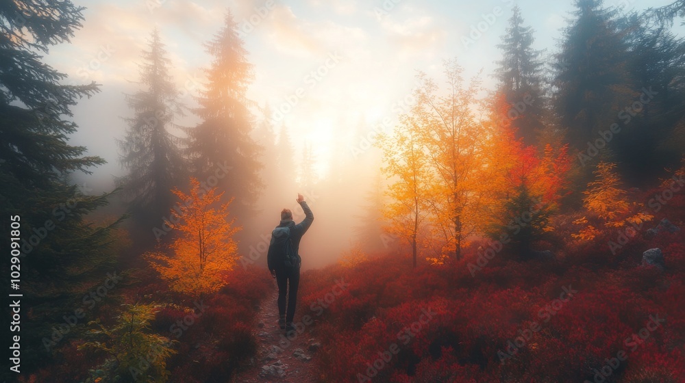 Poster a lone figure walks along a winding path through a mystical forest filled with vibrant autumn colors