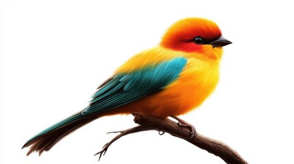Fototapeta premium Vibrant bird perched on a branch, showcasing brilliant colors against a white backdrop.