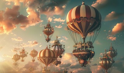 Obraz premium Neo-Victorian balloon festival, where whimsical inventions float in a fantastical sky, 4K hyperrealistic photo