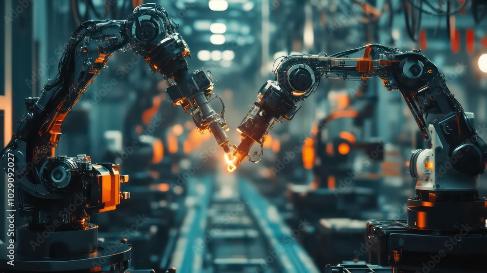 Poster two robotic arms working together in a factory setting, with a glowing spark in the center.