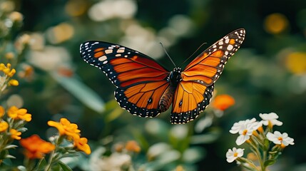 Fototapeta premium A monarch butterfly with orange and black wings flies over yellow and white flowers with a green background.
