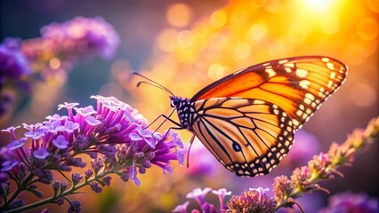 Obraz premium Orange Butterfly Sipping Nectar on Purple Blossom - Long Exposure Photography