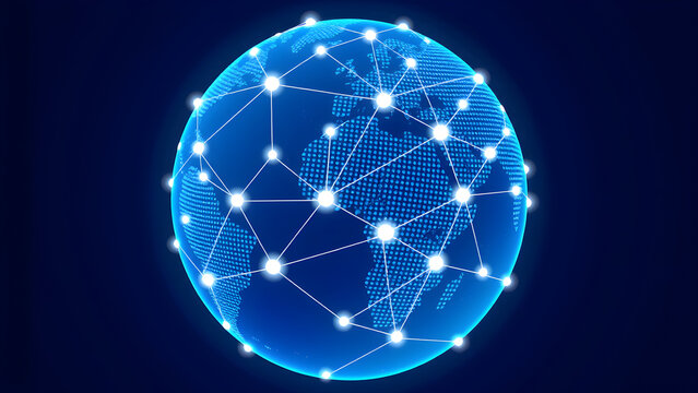 Digital blue globe with connecting network nodes across continents, Generative AI