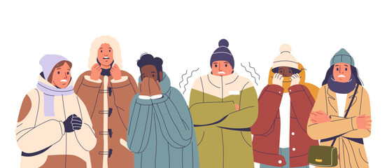 Group Of People Dressed In Winter Outerwear Experiencing Cold Weather. They Are Wearing Coats, Scarves, And Hats