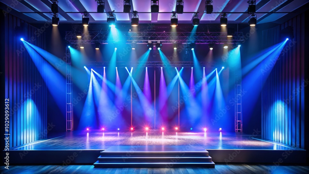 Poster unoccupied performance space illuminated with a minimalist color scheme and lighting effects.