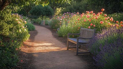 Obraz premium A winding path through a blooming garden leads to a wooden bench surrounded by lush lavender and pink roses.