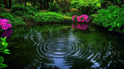 Naklejka premium A serene pond with ripples and pink flowers in a lush green garden.