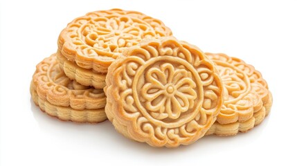 Chinese New Year almond cookies with intricate designs, golden and crispy, isolated on white background
