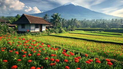 A traditional house sits on a hill overlooking a vibrant field of red flowers with a majestic mountain in the background.