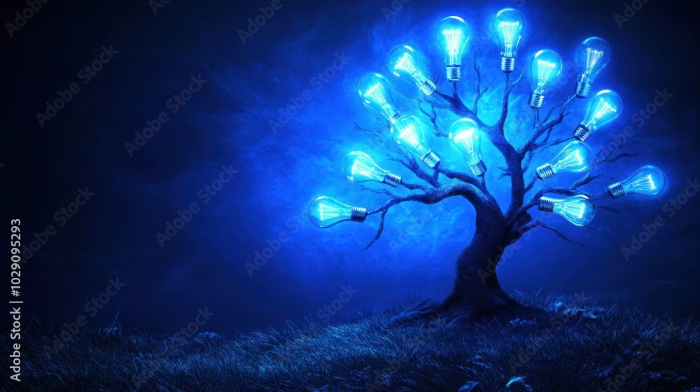 Poster creative lightbulb tree with glowing branches, each representing a different concept or innovation i