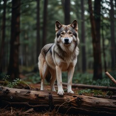 Obraz premium A lone wolf stands on a fallen log in a dense forest, looking directly at the camera.