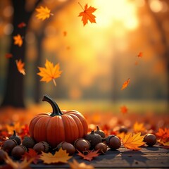 Pumpkins on red leaves at sunset. Still life photo