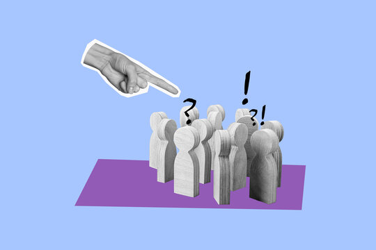 Composite photo collage of hand point wooden figurine crowd stick man gathering business project meeting isolated on painted background