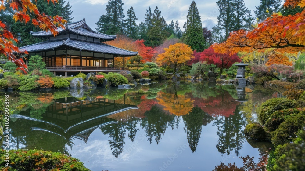 Sticker Japanese Garden with Traditional Pagoda and Autumn Foliage Reflected in Still Pond