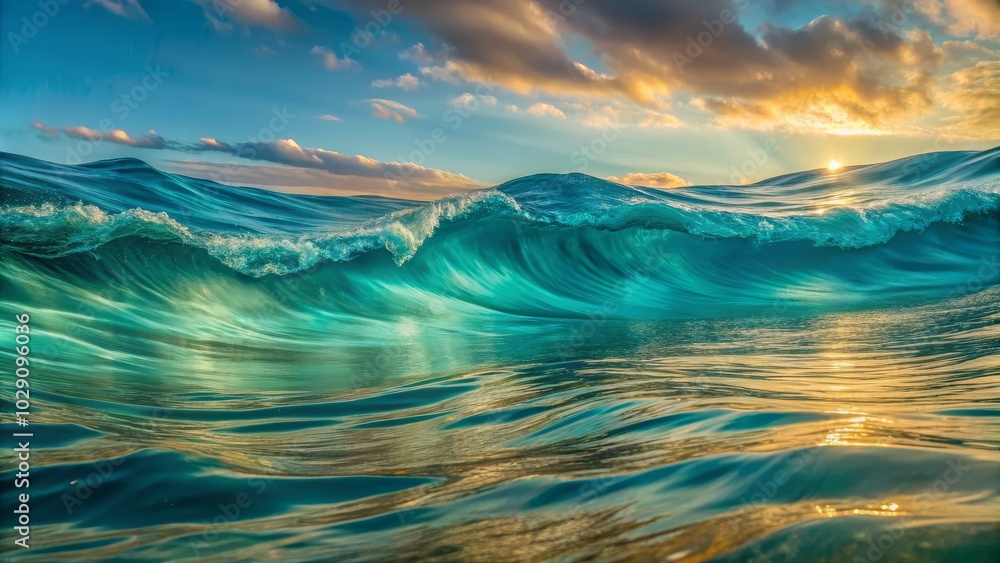 Poster fluid wave patterns create a calming abstract blue background.