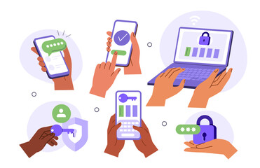 Characters hands holding smartphone, laptop and typing two factor authentication code, pin to verify their id and security access. Vector illustration.

