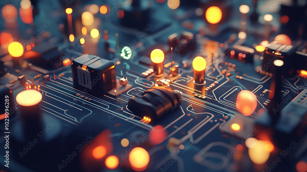 Poster a visually rich close-up of a circuit board with glowing components, showcasing the intricate design