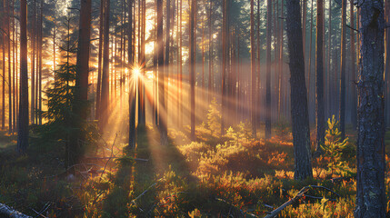 Obraz premium Beautiful forest landscape with sun rays through trees in the pine and spruce woodlands at sunrise or sunset.