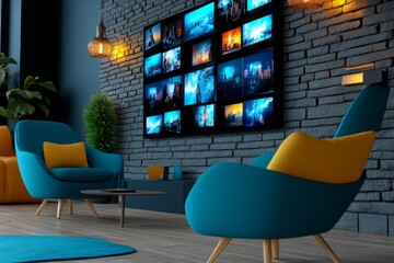 3D-rendered wall of screens streaming different media, with high-definition textures and lighting showing the diversity of content, from movies to live broadcasts