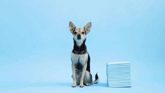 Pet diapers, dog with toilet pads on blue background,litter tray for puppy training, doggy wc napkin, urine pad for pet digestion