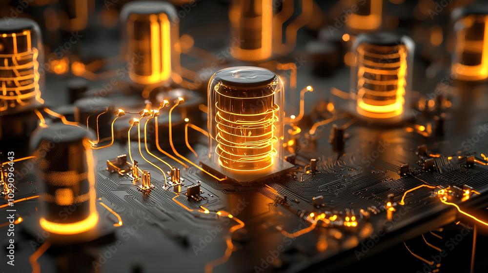 Poster a close-up view of a glowing circuit board featuring illuminated components and intricate connection