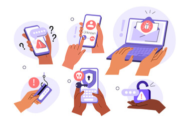 Cyber crime set. Characters loss personal data access, answering a scam call, get fraud mail with virus. Phishing, data breach, information leakage concept. Vector illustration.
