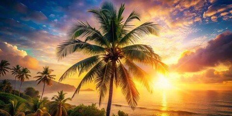 Fototapeta premium Palm Tree Sunset with Sun Flare and Bokeh Effect for Vintage Landscape Photography