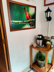 Decoración de interior con una hermosa fotografía de un colibrí sobre una rama, acompañada de una mesa de madera con utensilios y plantas. © JSUBIRA