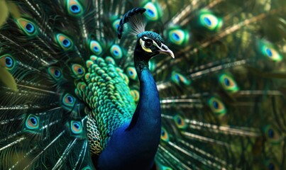 Obraz premium Majestic peacock displaying its feathers, 4K hyperrealistic photo